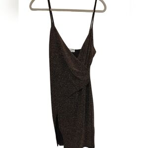 (1322) January 7 Brown Gold Shimmer Wrap Bodycon Mini Dress Size L (Junior)